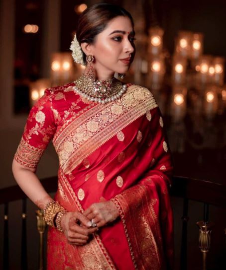 red saree embellished blouse