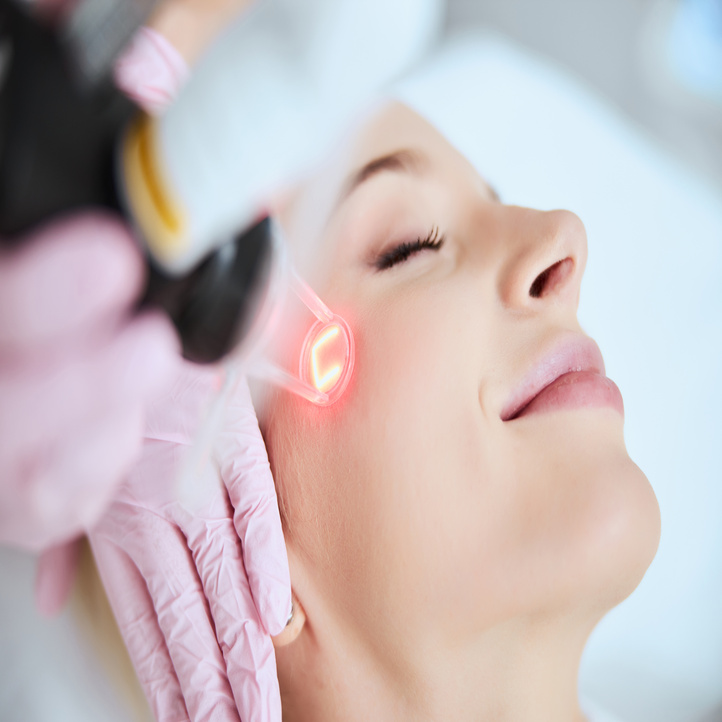 A relaxed woman smiles with her eyes closed as she has a laser beauty treatment done on her cheek.